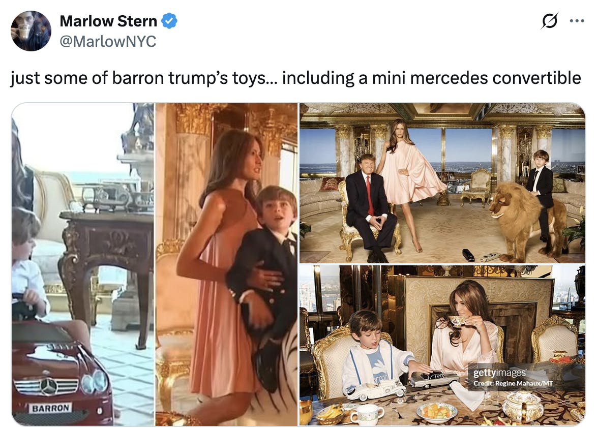 X screenshot Marlow Stern @MarlowNYC just some of barron trump’s toys… including a mini mercedes convertible (photos)