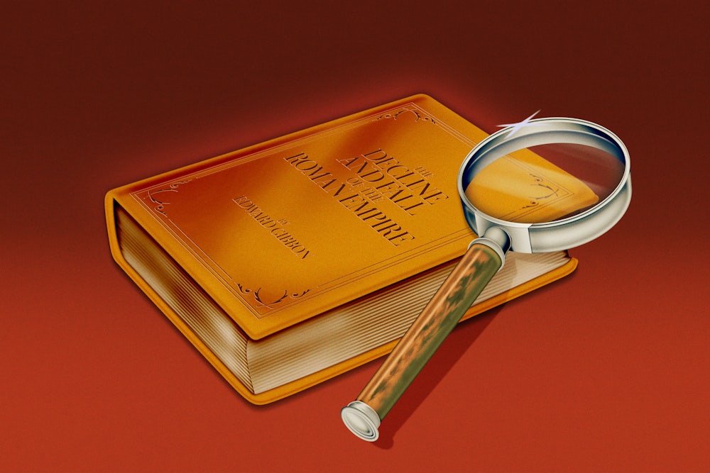 Magnifying glass and book "The Decline and Fall of the Roman Empire" by Edward Gibbon