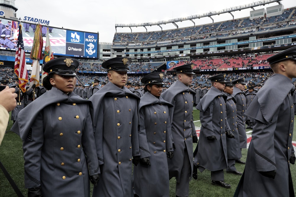 West Point cadets march before the 124th playing of the Army-Navy football game in Foxboro, Massachusetts.