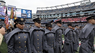 West Point cadets march before the 124th playing of the Army-Navy football game in Foxboro, Massachusetts.