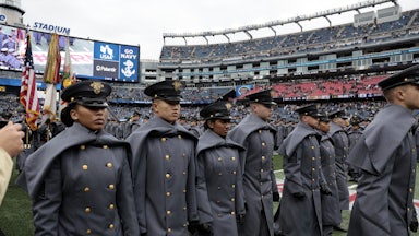 West Point cadets march before the 124th playing of the Army-Navy football game in Foxboro, Massachusetts.