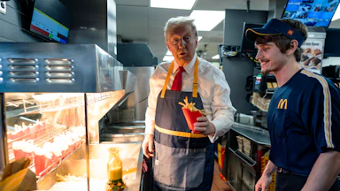 Donald Trump works behind the counter during a campaign event at McDonald's restaurant.