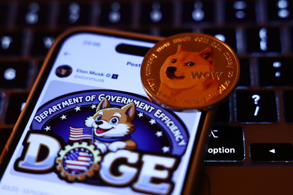 A laptop keyboard, Elon Musk post about DOGE on X displayed on a phone screen and representation of Dogecoin cryptocurrency are seen in this illustration.