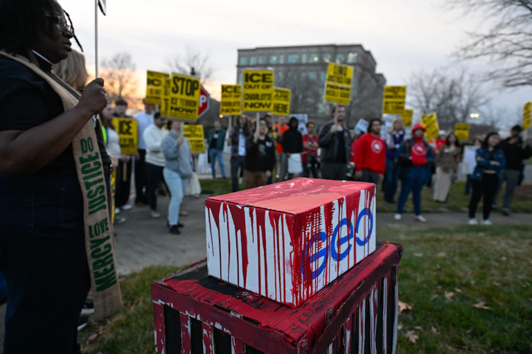 People protest against ICE and GEO Group outside GEO Group's headquarters in Charlotte, North Carolina