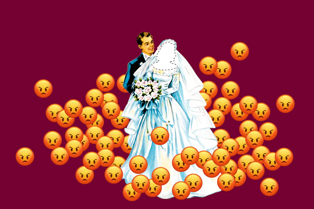 An idealized 1950s illustration of a bride and groom with the brides face cut out and surrounded by unhappy emojis