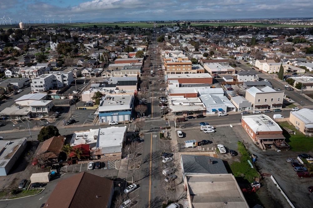 Main Street in Rio Vista, California, a city in eastern Solano County where California Forever, a Silicon Valley group with plans to create a new California city, recently introduced a ballot measure asking Solano County residents to approve changes to zoning regulations that would speed the way for their proposed company town.