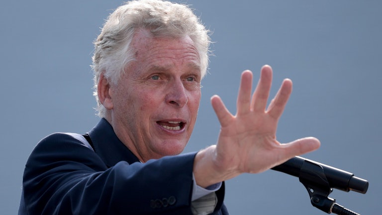 Virginia gubernatorial candidate Terry McAuliffe gestures during a campaign stop in Virginia.