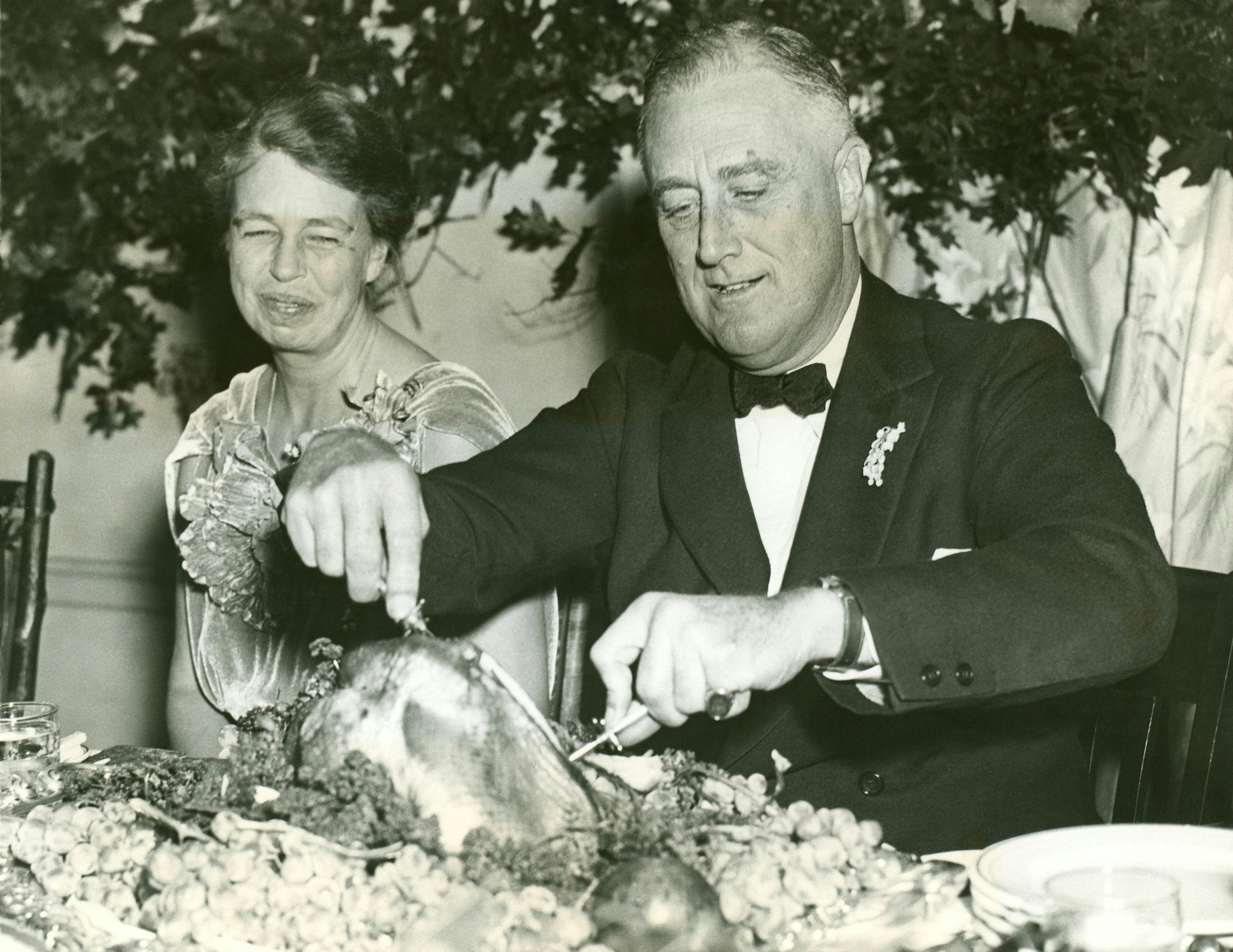 Franklin and Eleanor Roosevelt celebrate Thanksgiving at Warm Springs, Georgia, in 1935.