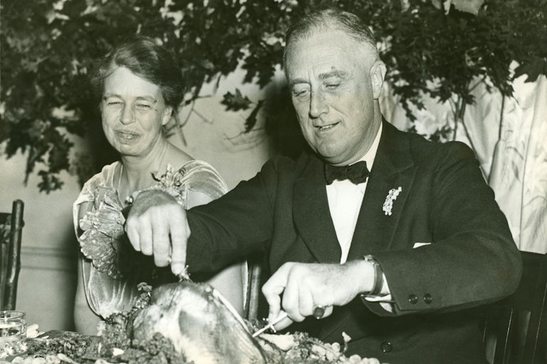Franklin and Eleanor Roosevelt celebrate Thanksgiving at Warm Springs, Georgia, in 1935.