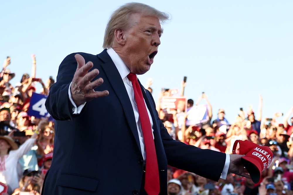 Donald Trump spreads arms and yells