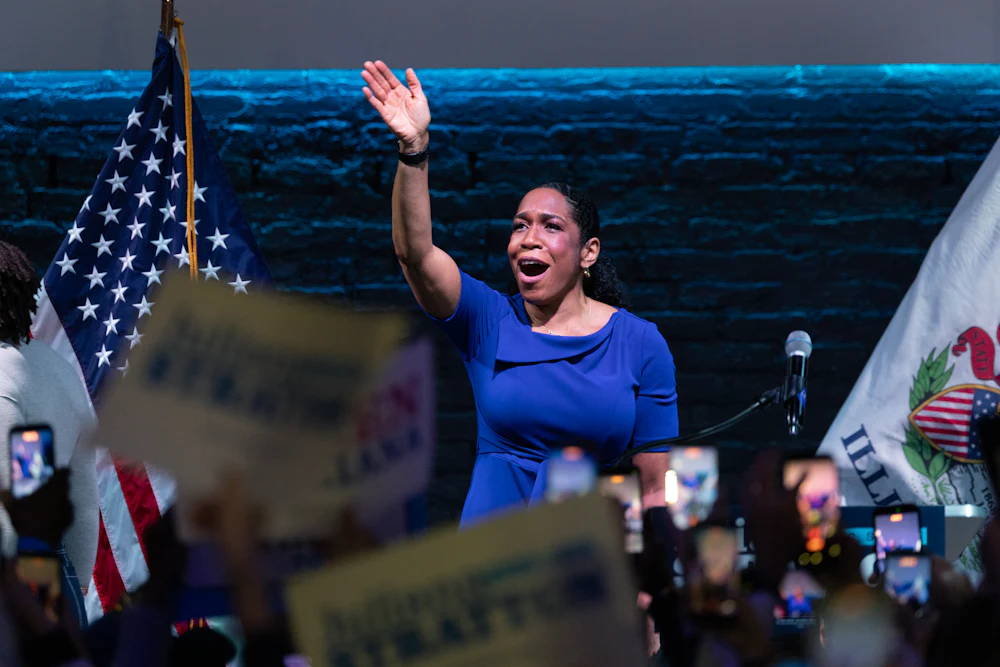 Illinois Lt. Governor Juliana Stratton celebrates her win in the Democratic primary for U.S. Senate