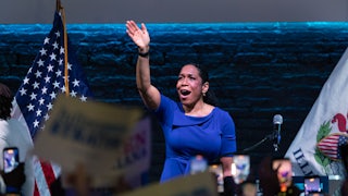 Illinois Lt. Governor Juliana Stratton celebrates her win in the Democratic primary for U.S. Senate