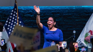 Illinois Lt. Governor Juliana Stratton celebrates her win in the Democratic primary for U.S. Senate