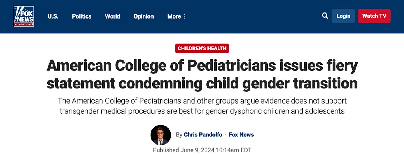 This screenshot shows a Fox News headline reading "American College of Pediatricians issues fiery statement condemning child gender transition."