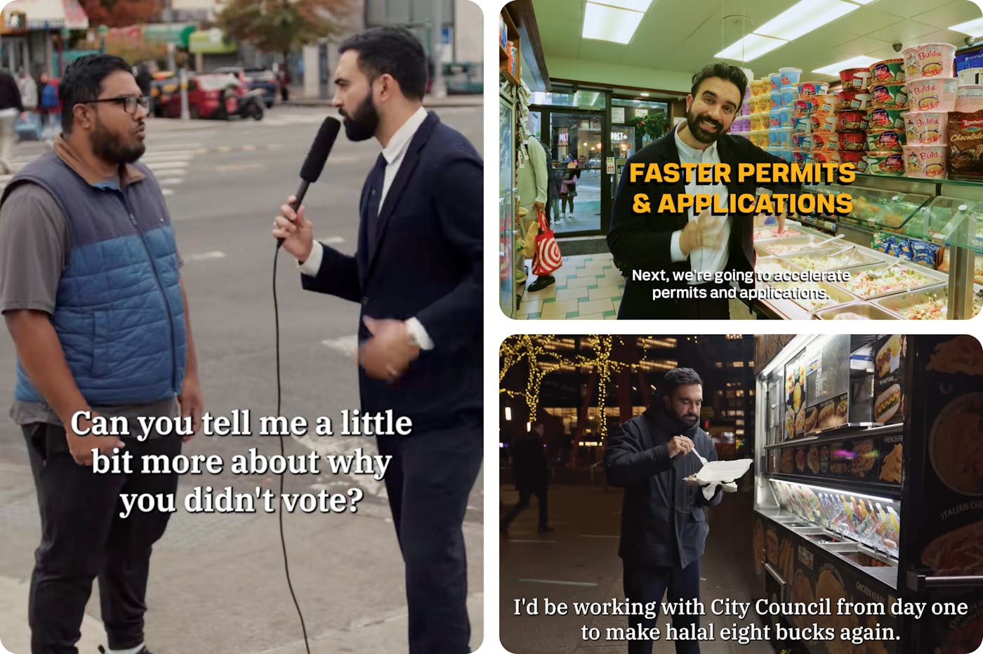 Screengrabs from three Mamdani social media campaign ads focusing on winning back Trump voters, helping small businesses and lowering costs .