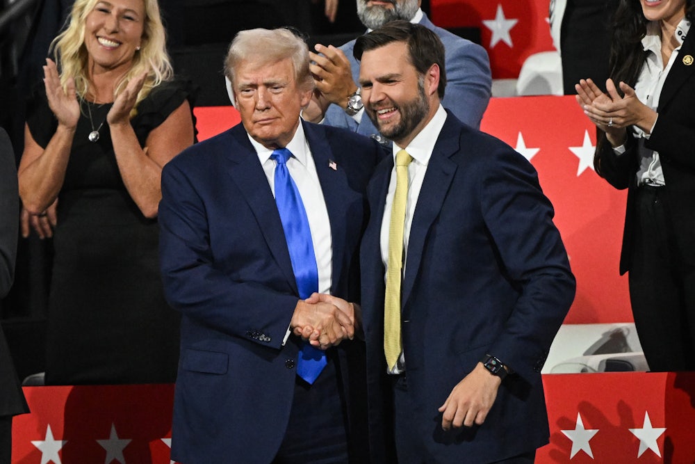Donald Trump shakes J.D. Vance's hand at the Republican National Convention.