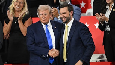Donald Trump shakes J.D. Vance's hand at the Republican National Convention.