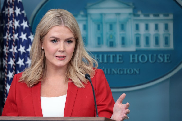 Karoline Leavitt talks to reporters in the briefing room
