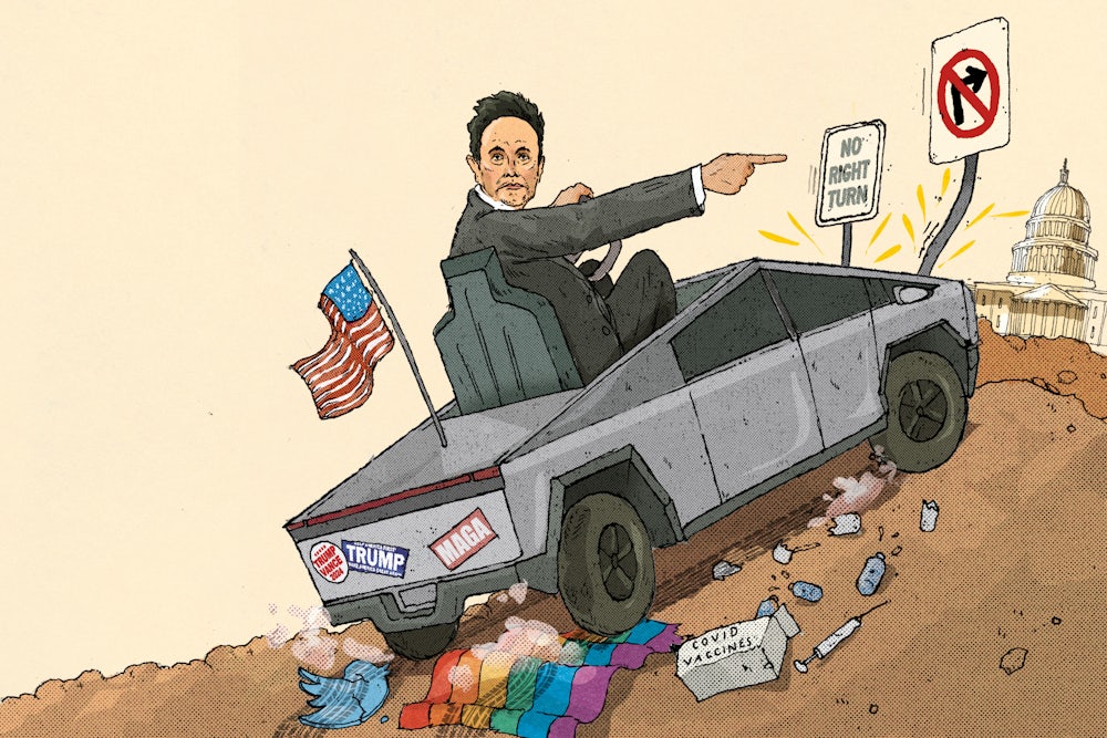 A drawing of Elon Musk in a cybertruck running over a pride flag, covid vaccines, and a blue bird