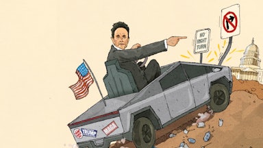 A drawing of Elon Musk in a cybertruck running over a pride flag, covid vaccines, and a blue bird