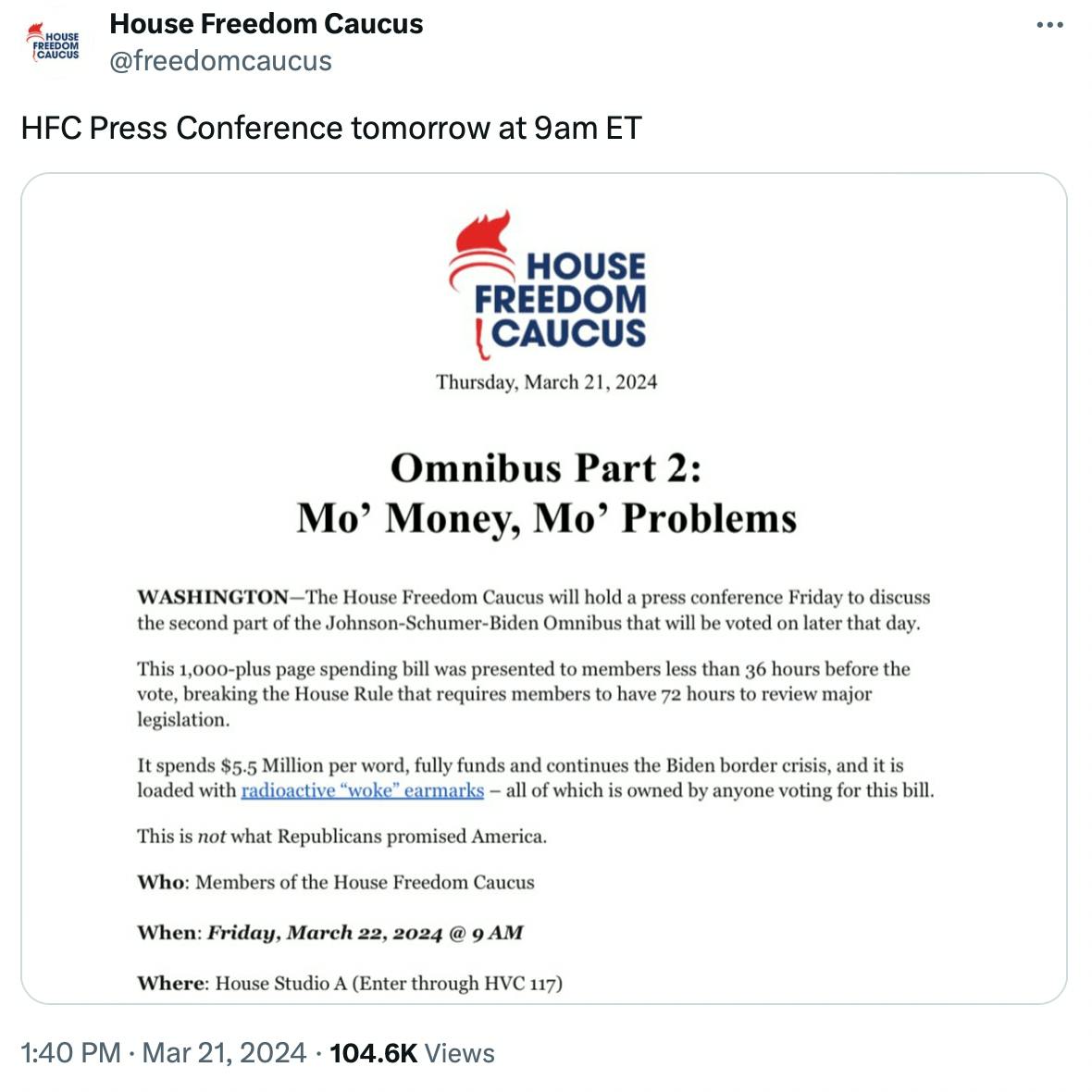 Screenshot of tweet from House Freedom caucus and image of statement