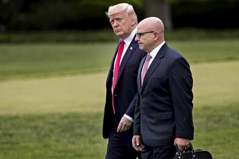 Donald Trump and H.R. McMaster walk next to each other outside the White House