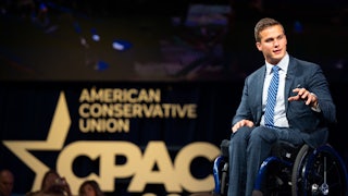 North Carolina Representative Madison Cawthorn speaks to a crowd at CPAC.