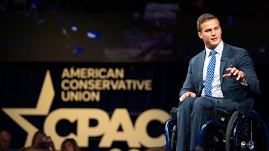 North Carolina Representative Madison Cawthorn speaks to a crowd at CPAC.