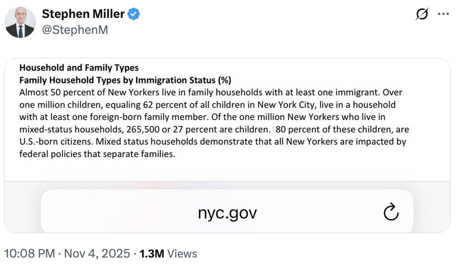Screenshot of Stephen Miller's X post