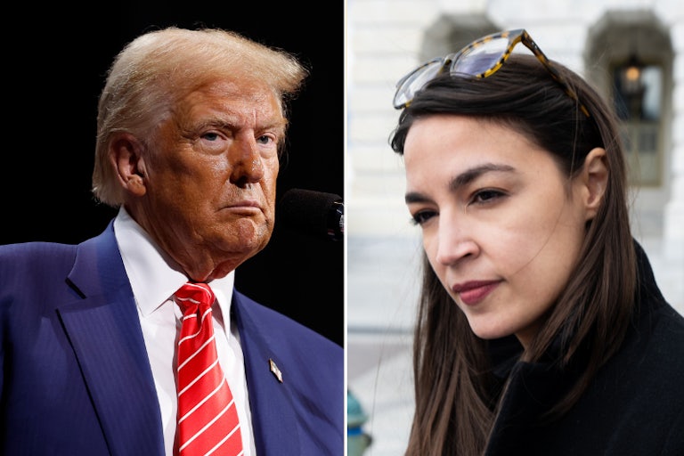 Splitscreen of Donald Trump and Alexandria Ocasio-Cortez