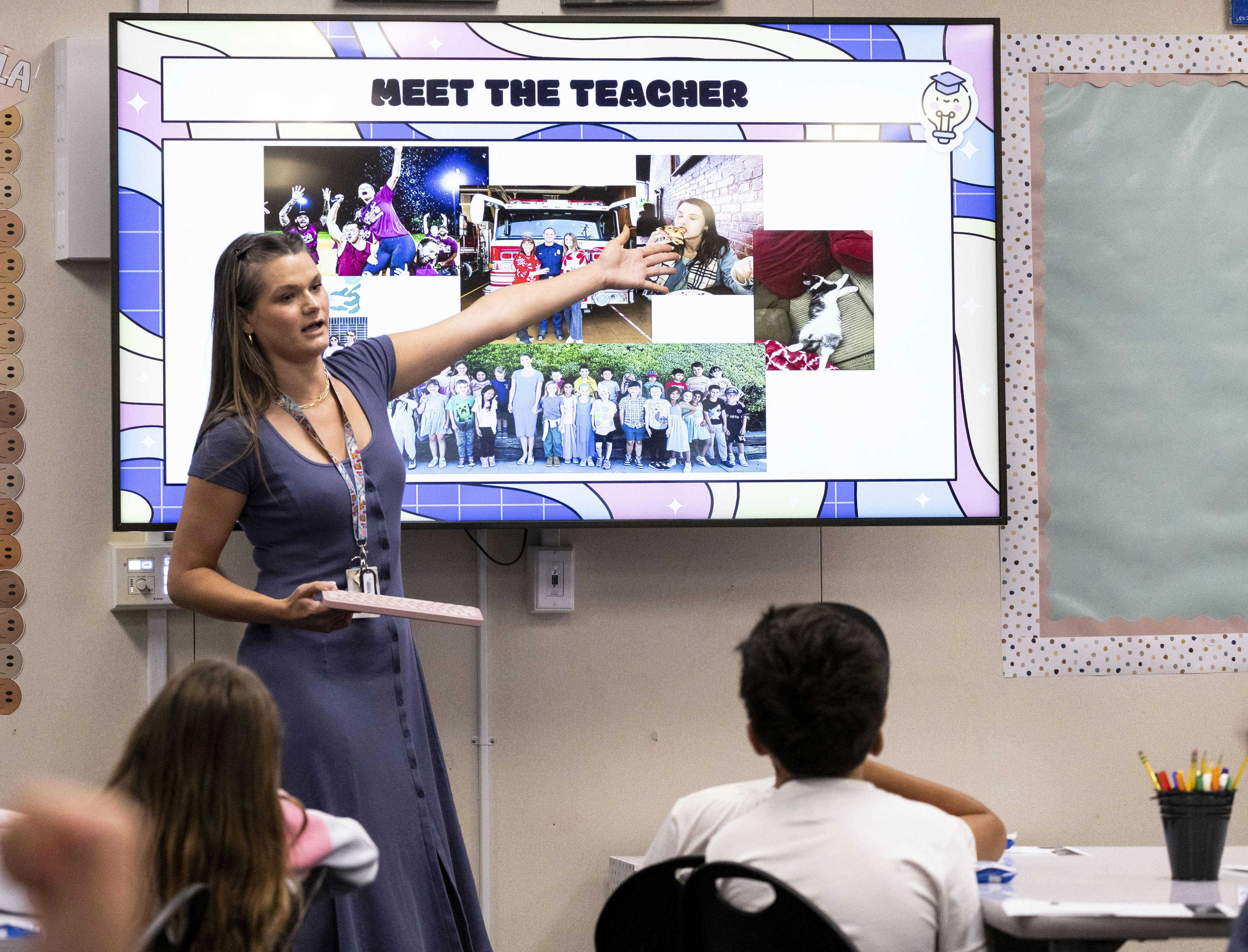 A teacher talks to her grade 5/6 combo class during the first day of school at Trabuco Mesa Elementary School in Rancho Santa Margarita, CA on Wednesday, August 13, 2025