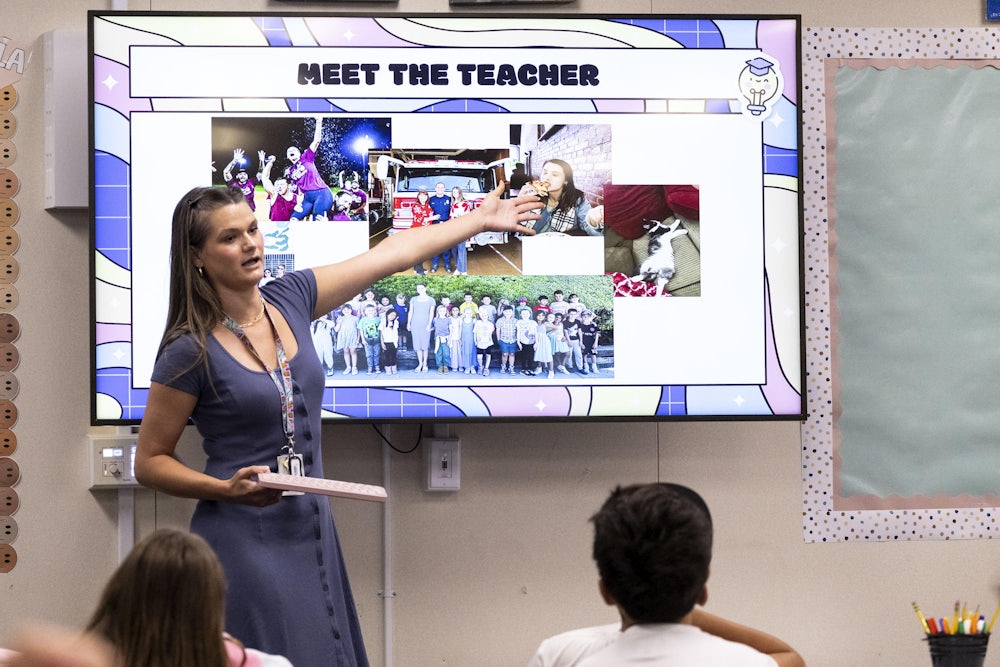 A teacher talks to her grade 5/6 combo class during the first day of school at Trabuco Mesa Elementary School in Rancho Santa Margarita, CA on Wednesday, August 13, 2025
