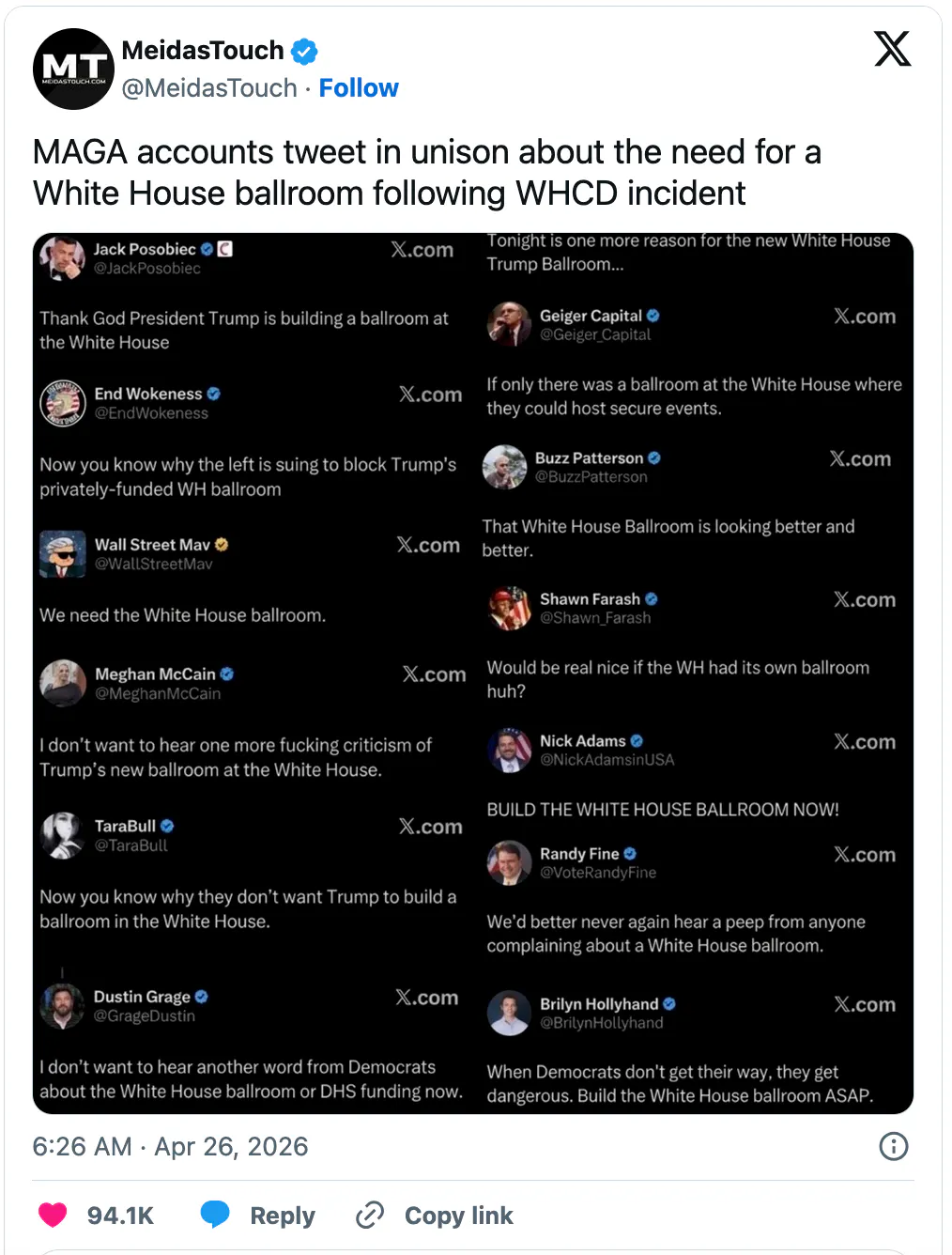 X screenshot MeidasTouch @MeidasTouch MAGA accounts tweet in unison about the need for a White House ballroom following WHCD incident (screenshot of X posts about White House ballroom)