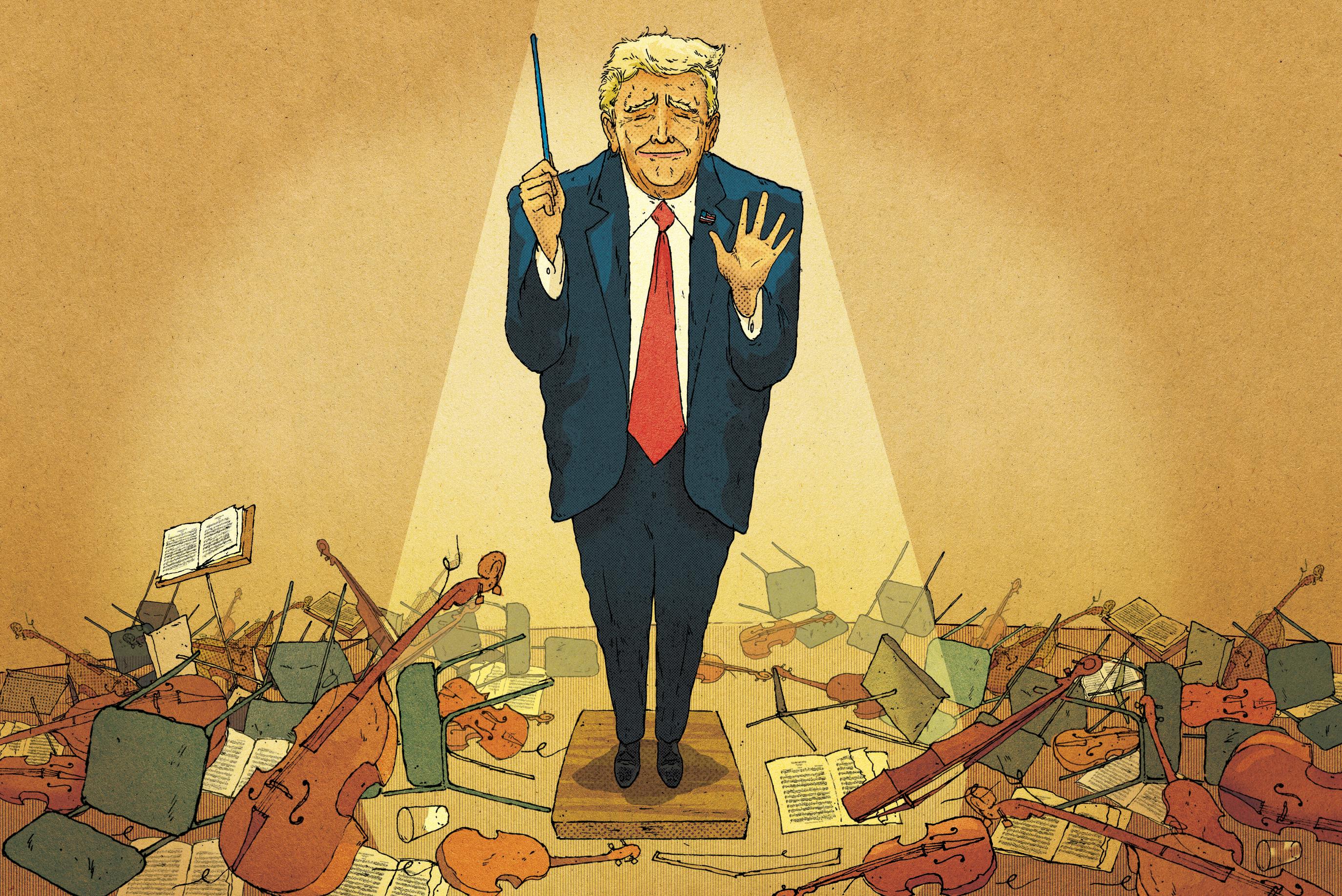 An illustration of Trump leading the orchestra at the Kennedy Center, but the orchestra has left