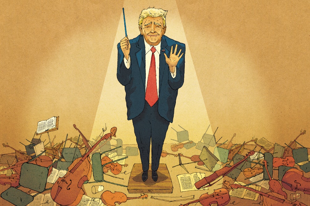 An illustration of Trump leading the orchestra at the Kennedy Center, but the orchestra has left