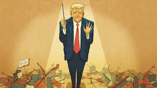 An illustration of Trump leading the orchestra at the Kennedy Center, but the orchestra has left
