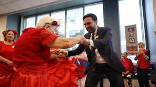 Mamdani campaigning at a senior center