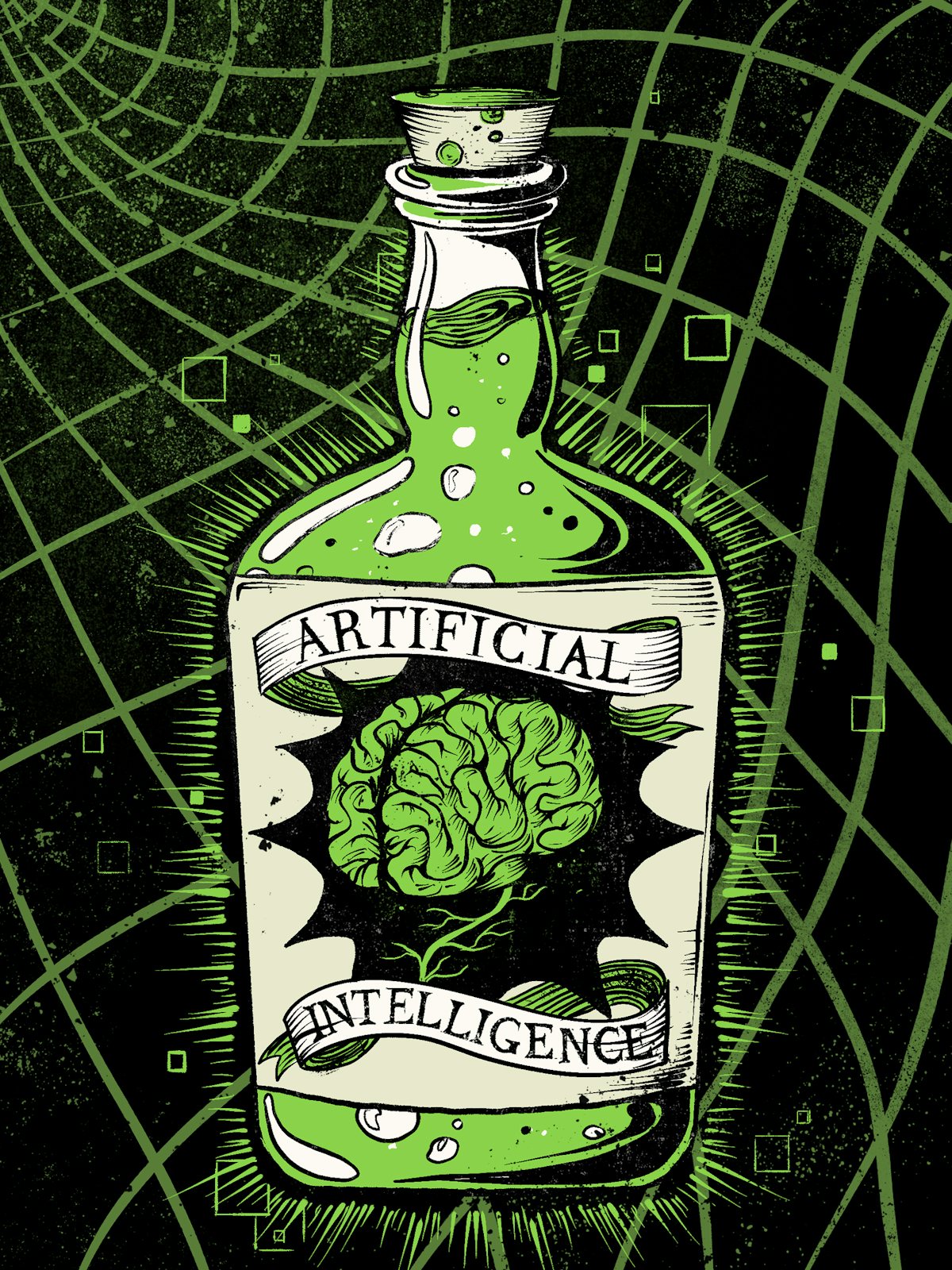 A bottle of Artificial Intelligence potion on a futuristic background