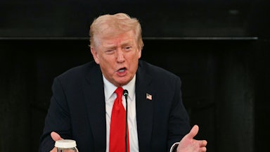 Donald Trump gestures and speaks at an Antifa roundtable