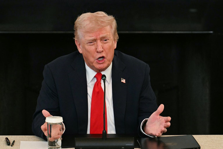 Donald Trump gestures and speaks at an Antifa roundtable