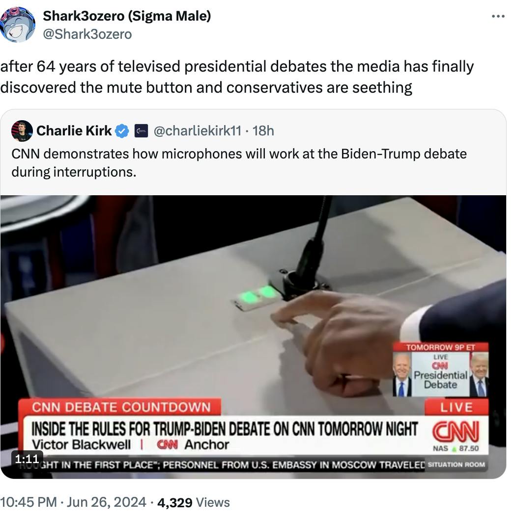 Twitter Screenshot Shark3ozero (Sigma Male) @Shark3ozero: after 64 years of televised presidential debates the media has finally discovered the mute button and conservatives are seething