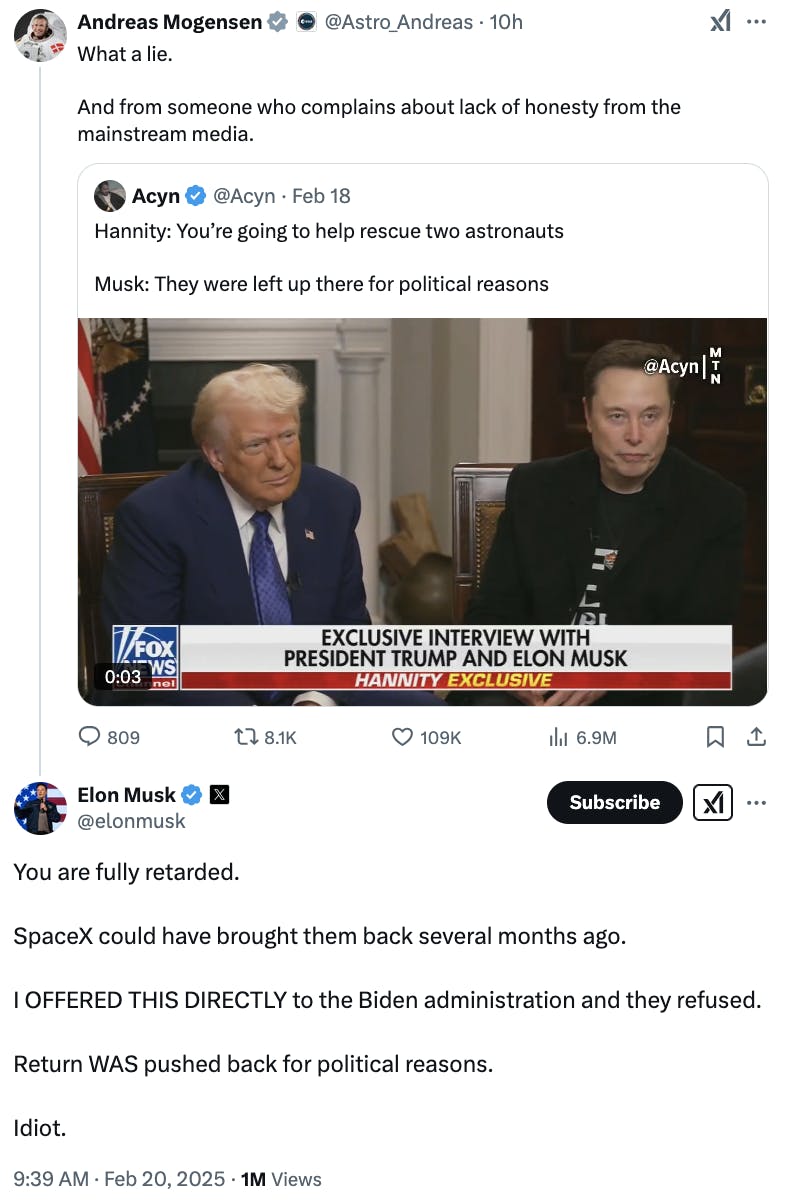 Screenshot of X conversation between Andreas Mogensen and Elon Musk