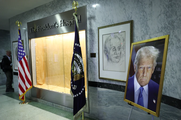 Trump's portrait on an easel at Walter Reed Military Medical Center