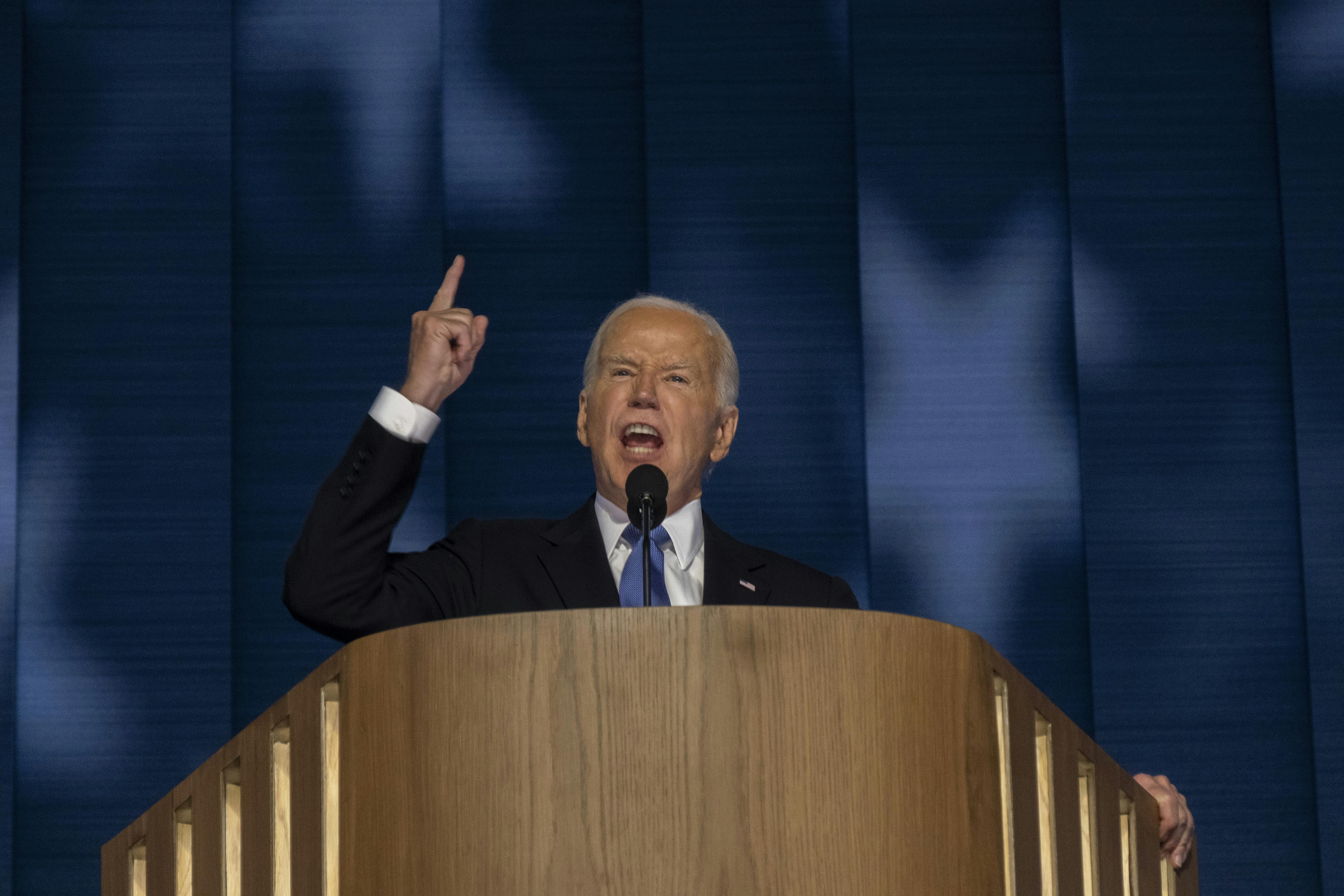 Joe Biden points his finger during the DNC speech 