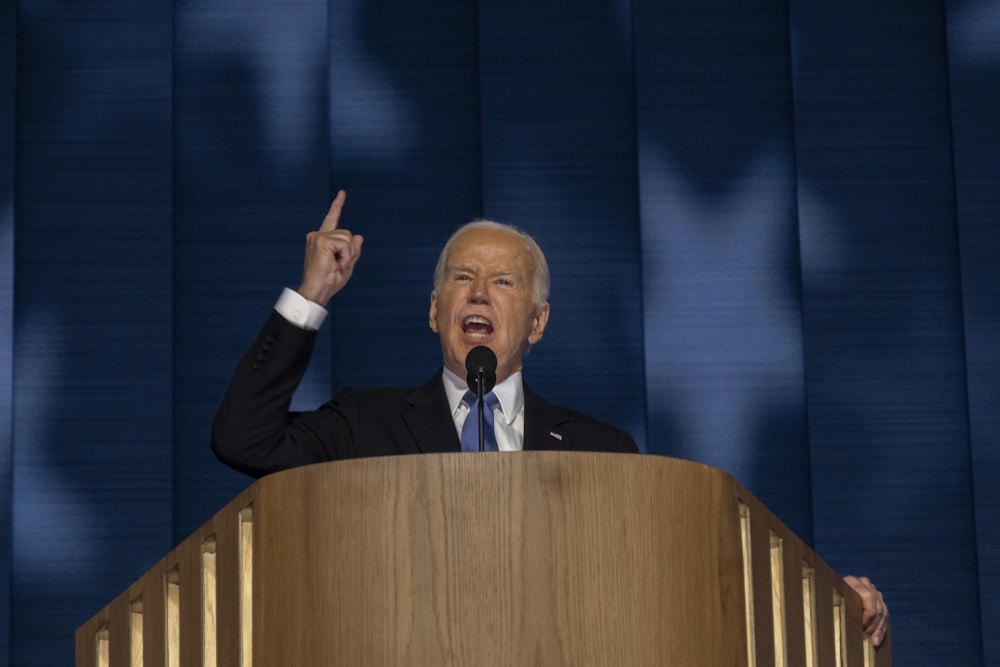 Joe Biden points his finger during the DNC speech