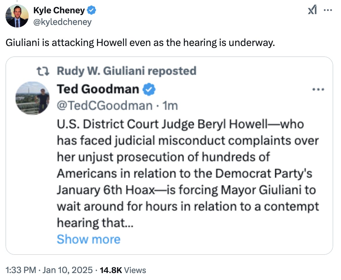 X screenshot Kyle Cheney @kyledcheney
Giuliani is attacking Howell even as the hearing is underway.

screenshot of Rudy Giuliani retweeting Ted Goodman