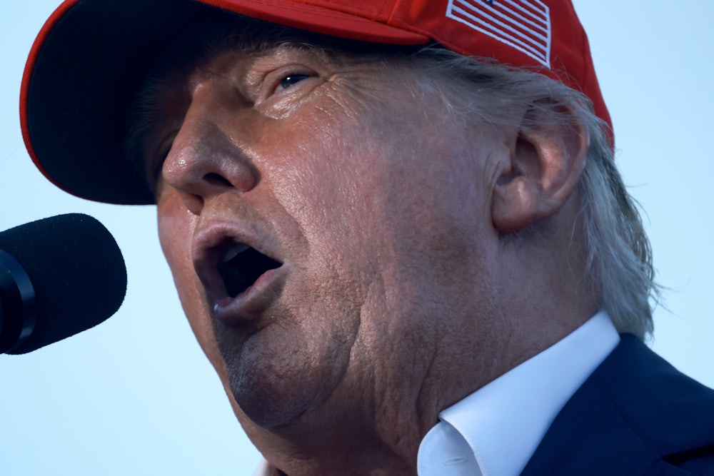 Donald Trump speaks into a mic while wearing a MAGA hat