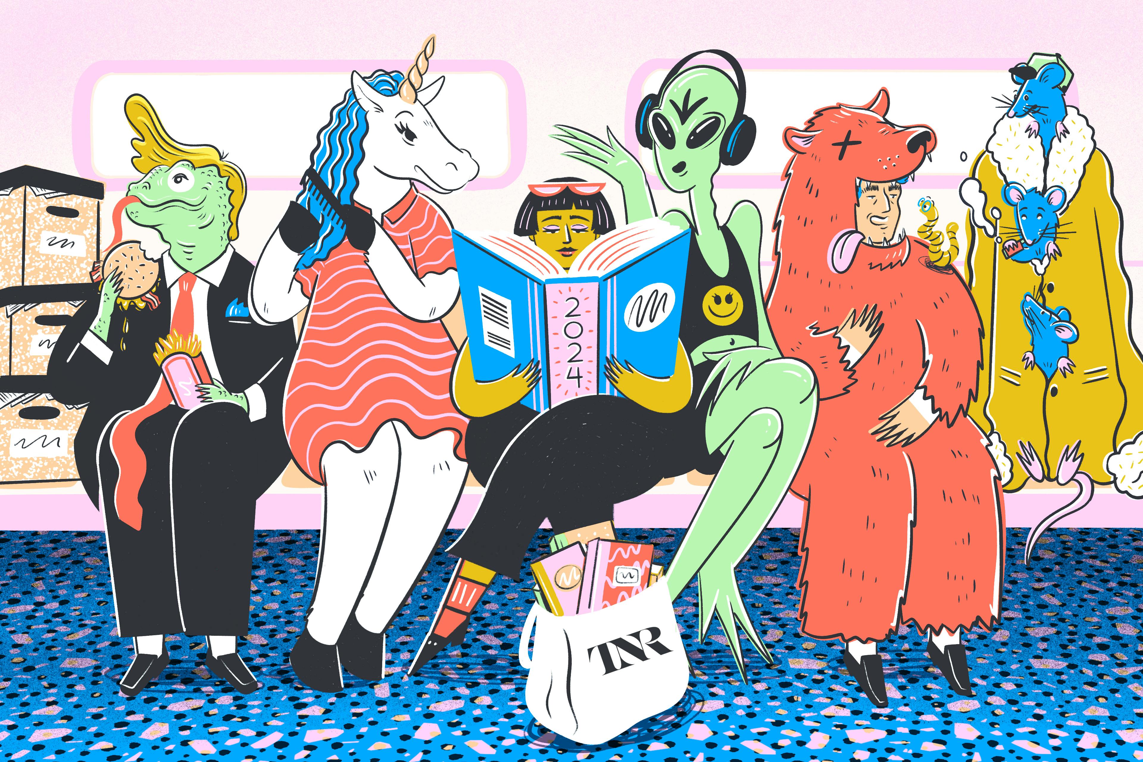 Illustration of a subway rider reading on a train surrounded by whimsical characters. 