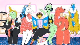Illustration of a subway rider reading on a train surrounded by whimsical characters.