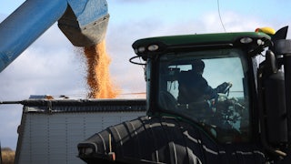 A machine funnels corn kernels into another machine.